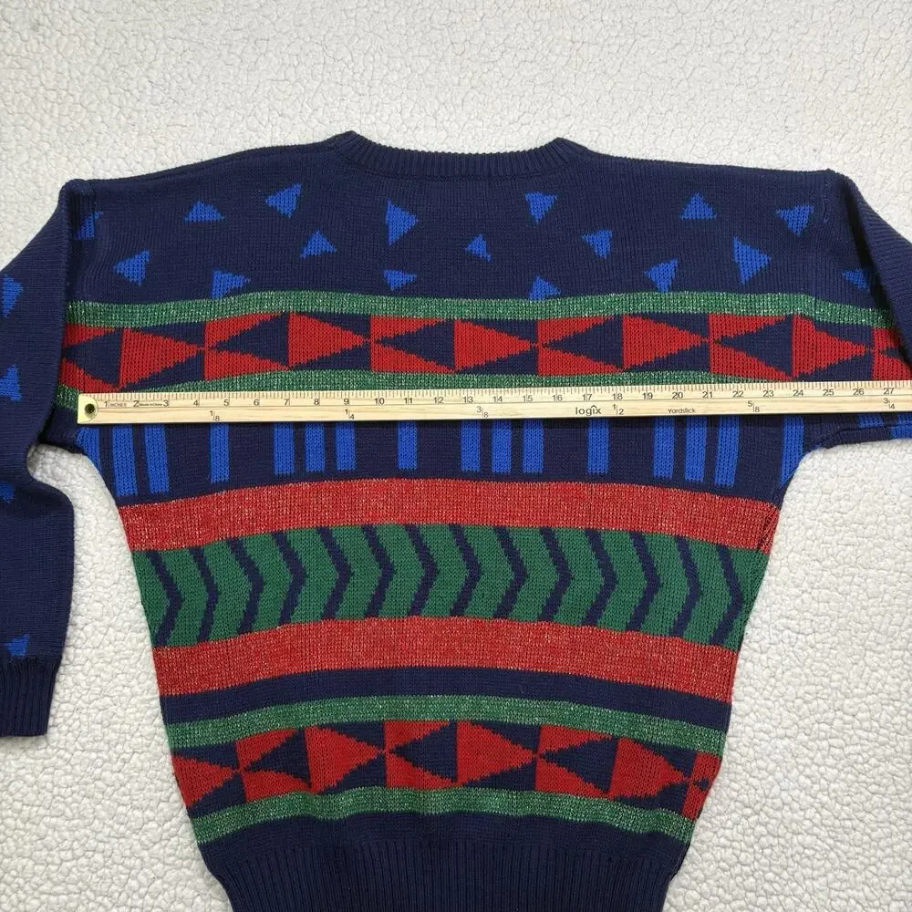 Vintage Mens Geometric Print Sweater Fair‎ Isle Colorful Christmas Metallic Bold